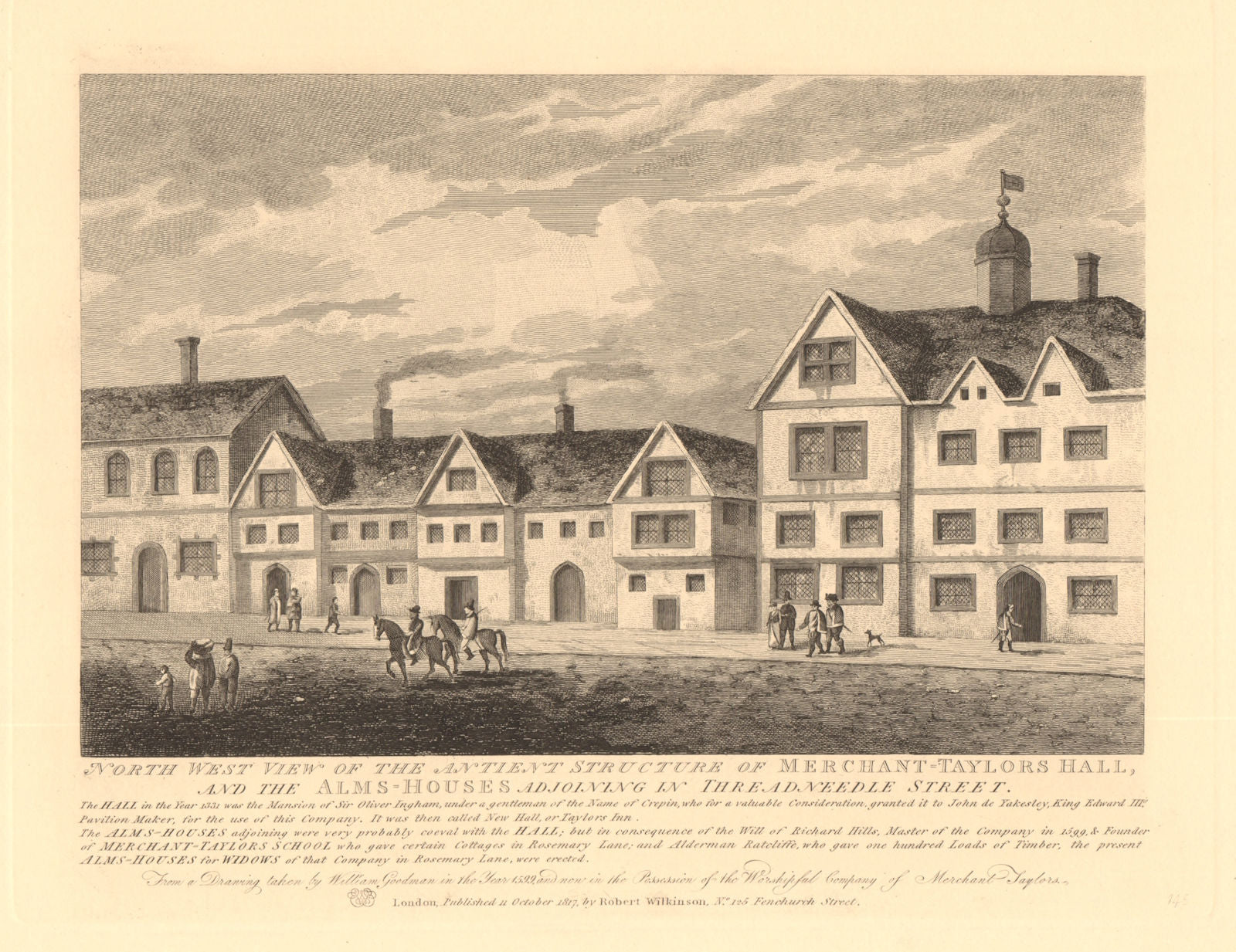 MERCHANT TAYLORS HALL & Almshouses, Threadneedle Street, City of London 1834